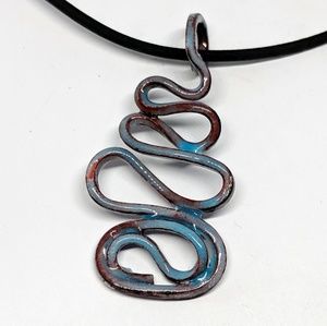 Enameled Wire Pendant - Blue w/ Red Organic Shaped